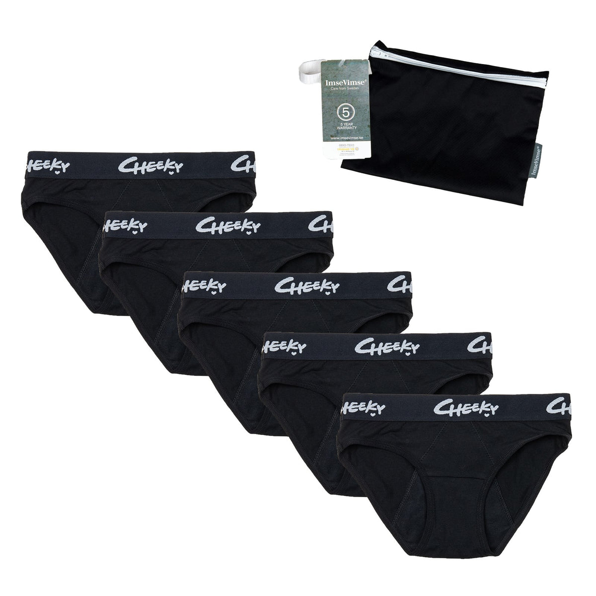 Set of 5 + wetbag - Cheeky Pants menstrual underwear Feeling Cheeky Hipster - black
