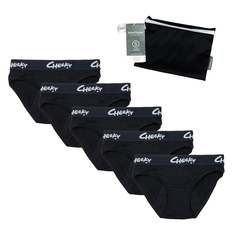Set of 5 + wetbag - Cheeky Pants menstrual underwear Feeling Cheeky Hipster - black