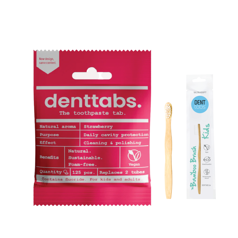 Toothpaste tablets Kids - Strawberry - With fluoride + Toothbrush for children - Extra soft - Bamboo