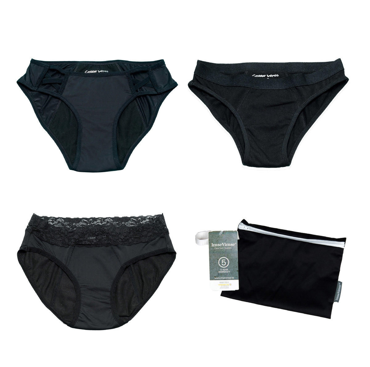 Set of 3 + wetbag - Cheeky Pants menstrual underwear 1 x Feeling Sassy + 1 x Pretty + 1 x Sport - black