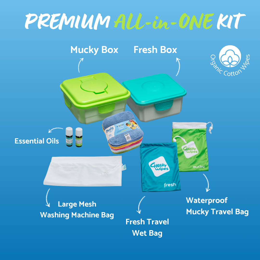 Premium All-in-One Kit Organic Cotton - Washable Baby Wipes - Blue Box