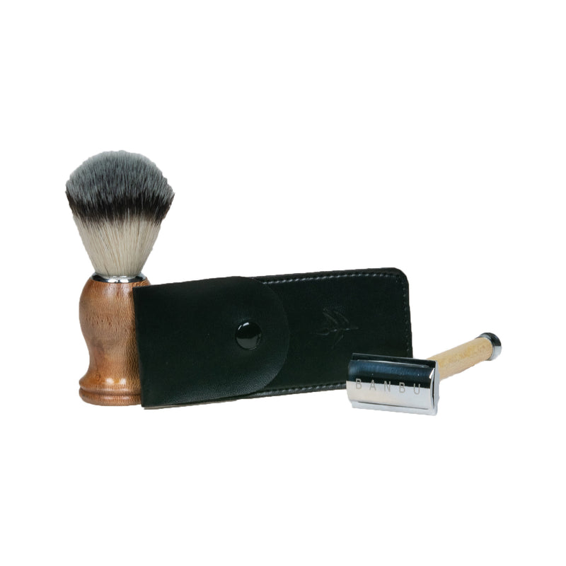 Razor + Shaving brush wood & razor pouch black