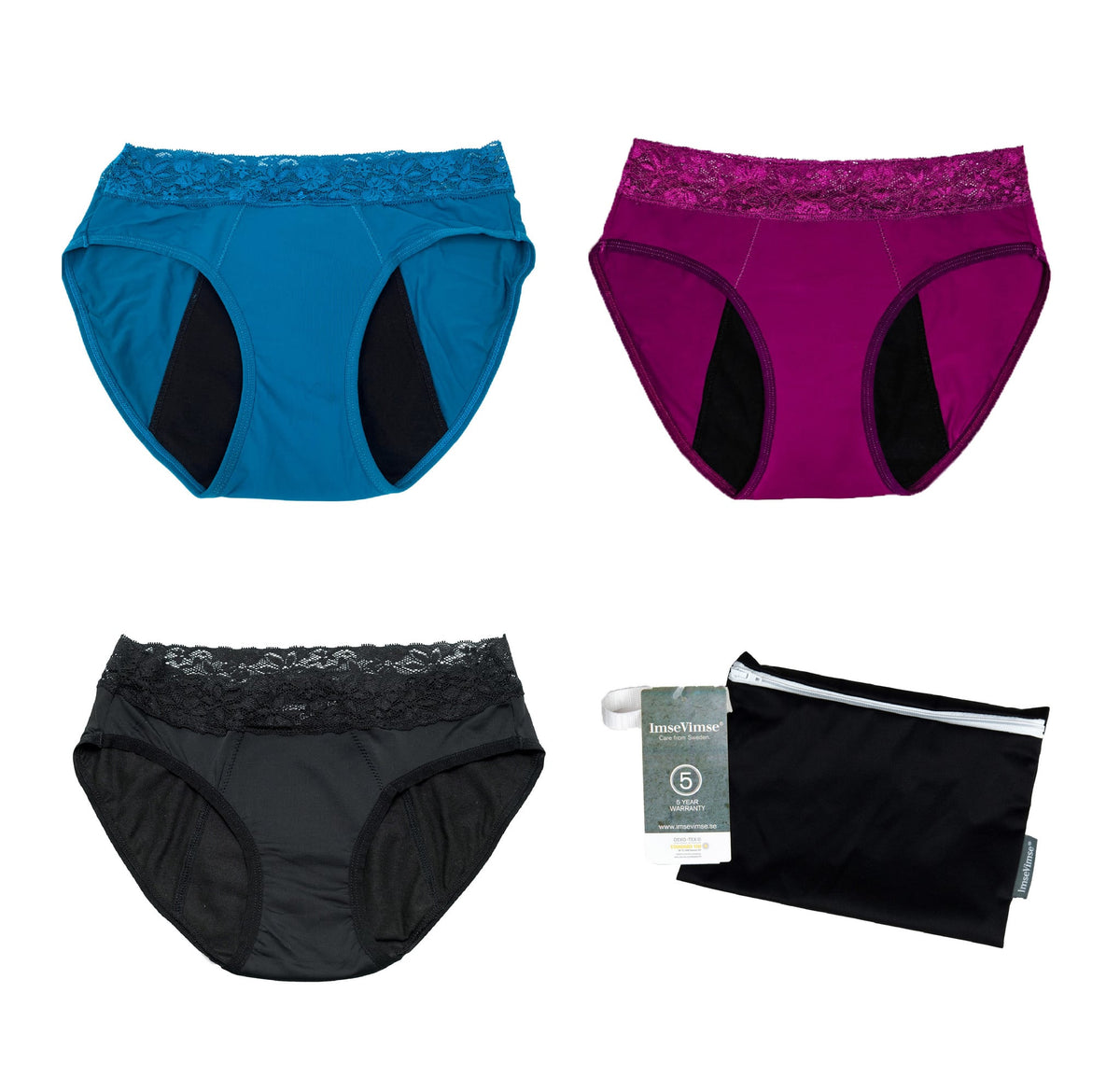 Set of 5 + wetbag - Cheeky Pants menstrual underwear Feeling Pretty 3 x black + 1 x Berry + 1 x Teal