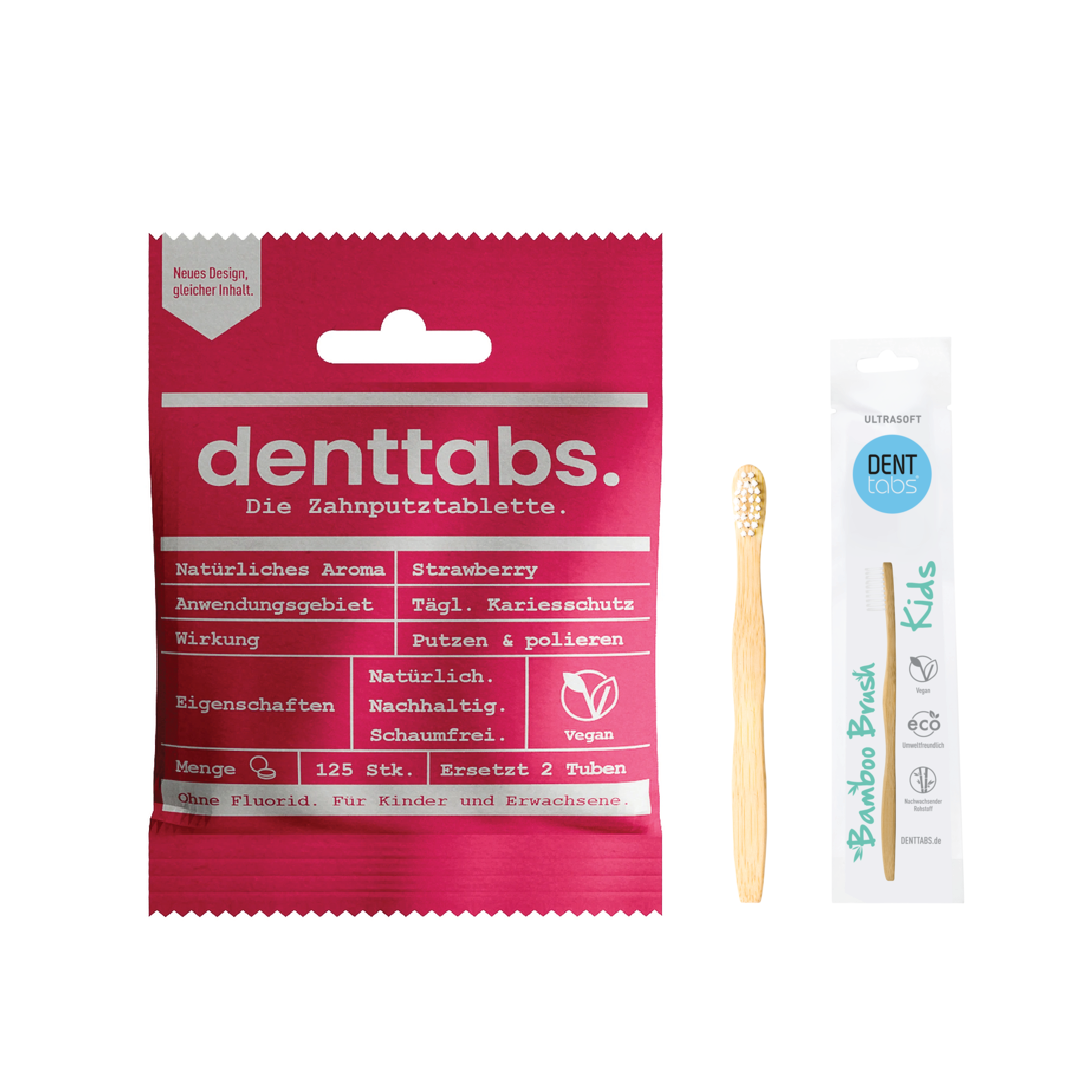Toothpaste tablets Kids - Strawberry - without fluoride + Toothbrush for children - Extra soft - Bamboo