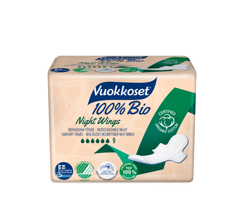 Vuokkoset night sanitary napkin with wings - 100% organic - 9 pieces