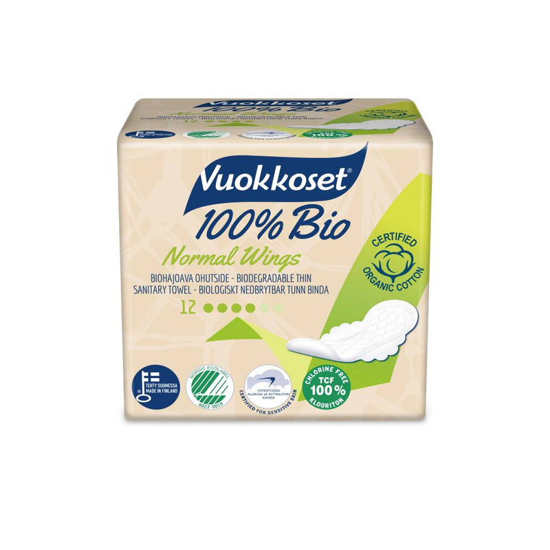 Vuokkoset normal sanitary pads with wings - 100% organic - 12 pieces 12