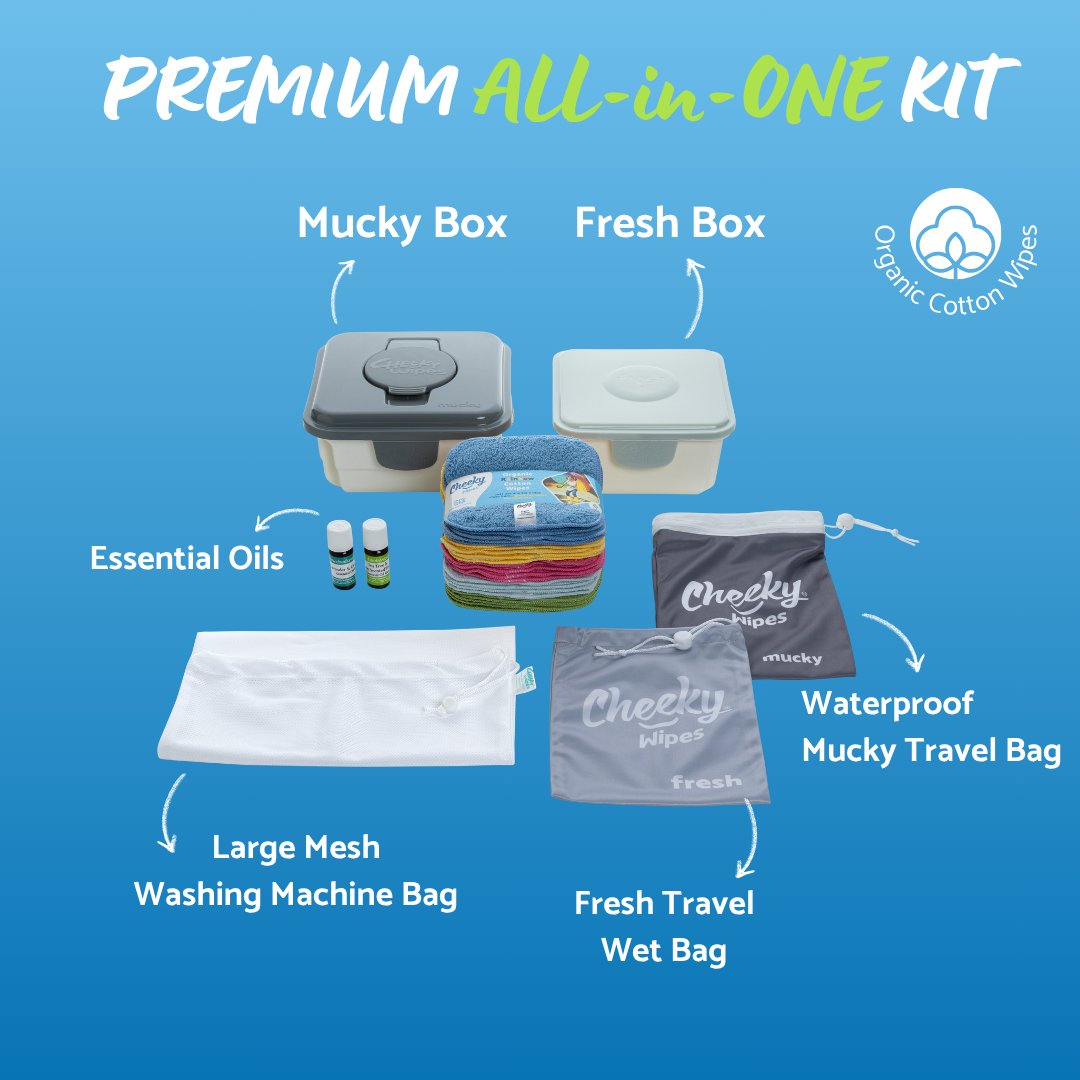 Premium All-in-One Kit Organic Cotton - Washable Baby Wipes - Grey Box