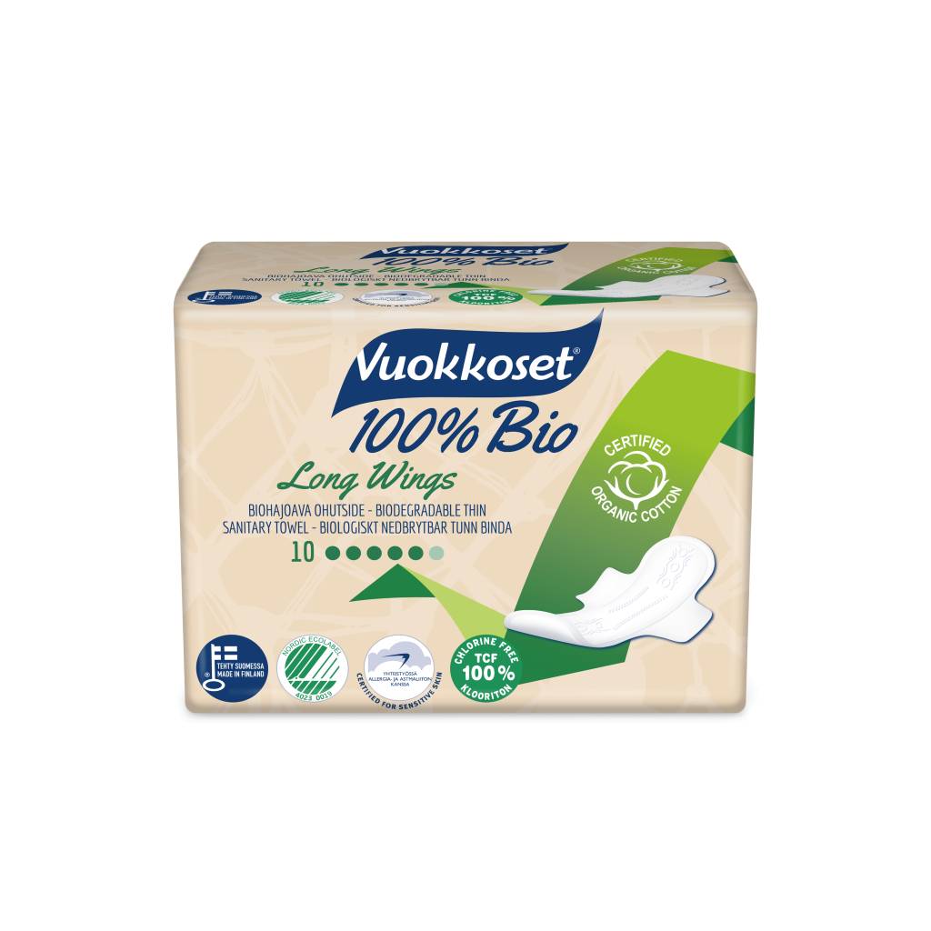 Vuokkoset extra long sanitary pads with wings - 100% organic - 10 pieces